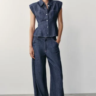 ZARA LINEN BLEND PEPLUM SHIRT WITH SHOULDER PADS