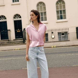 ZARA SHORT SLEEVE SATIN SHIRT WITH BELT