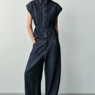 ZARA BARREL TROUSERS WITH LINEN BLEND AND CONTRAST STITCHING