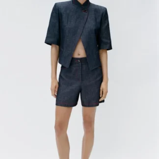 ZARA LINEN BLEND BERMUDA SHORTS WITH CONTRAST TOPSTITCHING