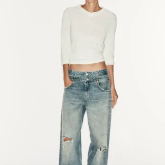ZARA TRF STRAIGHT-LEG DOUBLE WAISTBAND MID-WAIST JEANS
