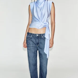 ZARA SATIN TOP WITH SHOULDER PADS AND KNOT