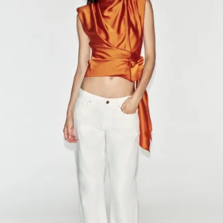 ZARA SATIN TOP WITH SHOULDER PADS AND KNOT
