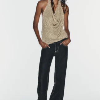 ZARA METALLIC THREAD HALTER KNIT TOP