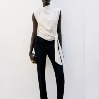 ZARA SATIN TOP WITH SHOULDER PADS AND KNOT