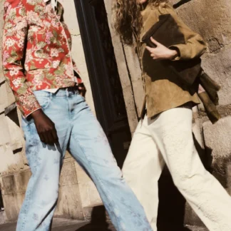 ZARA Z1975 MID-WAIST STRAIGHT LONG-LENGTH FLORAL PRINT JEANS