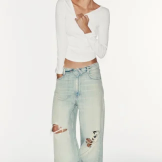 ZARA TRF MID-WAIST FOLDED WAISTBAND RIPPED JEANS