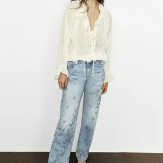 ZARA Z1975 MID-WAIST STRAIGHT LONG-LENGTH FLORAL PRINT JEANS