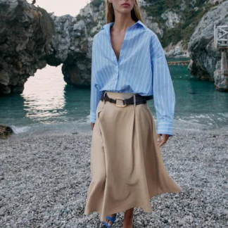 ZARA BELTED MIDI FLARED SKIRT