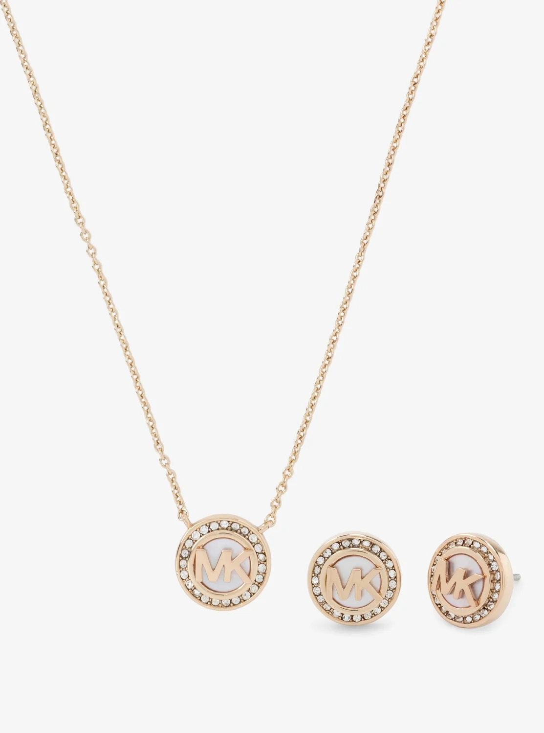 Michael Kors サークルロゴ マザーオブパール ペンダント & スタッドピアス セット