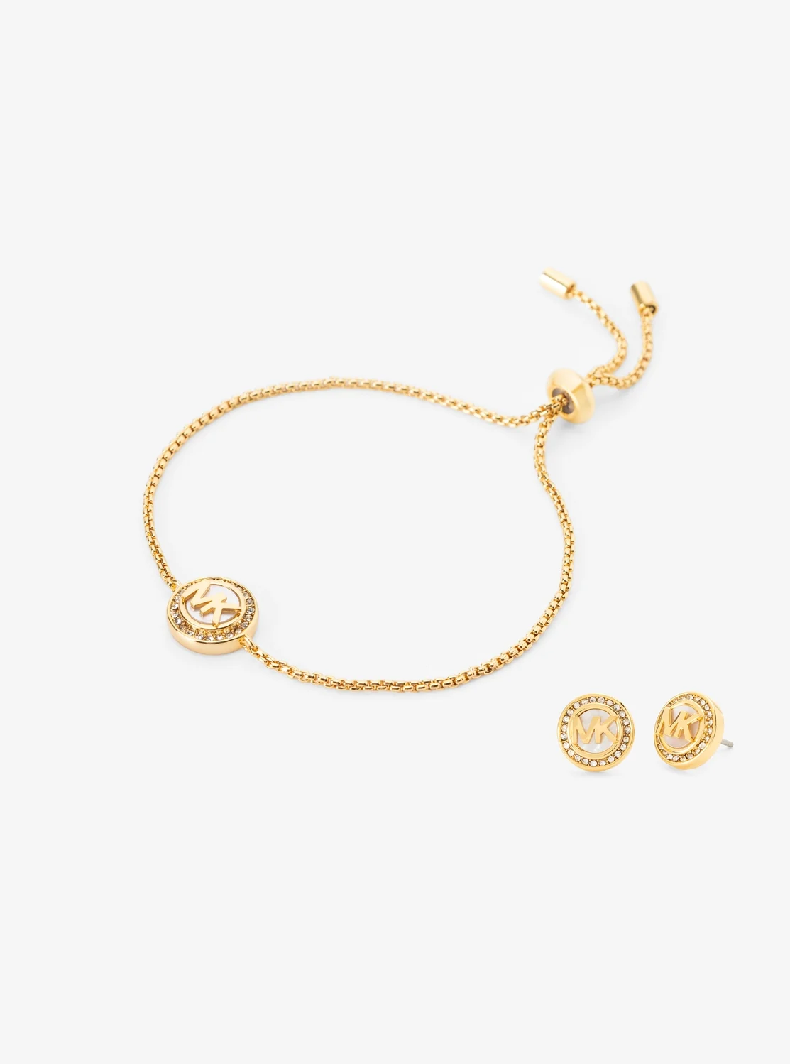 Michael Kors サークルロゴ マザーオブパール スライダー ブレスレット & スタッドピアス セット