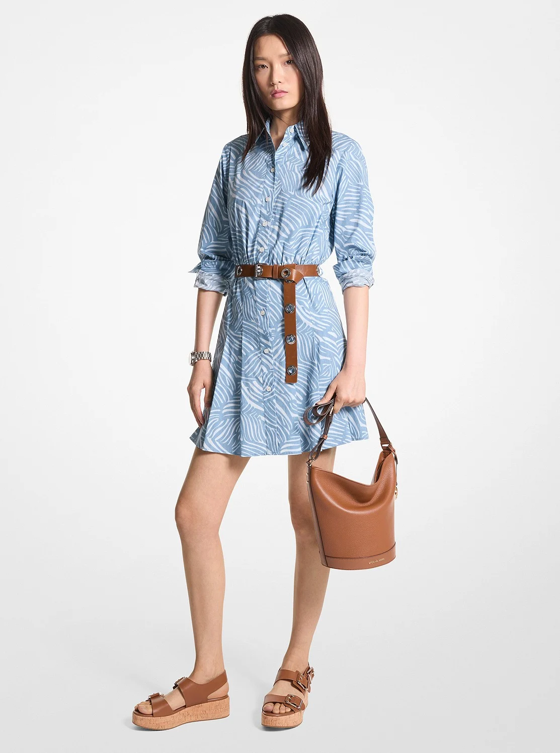 Michael Kors ゼブラ プリント ストレッチ コットンポプリン シャツドレス