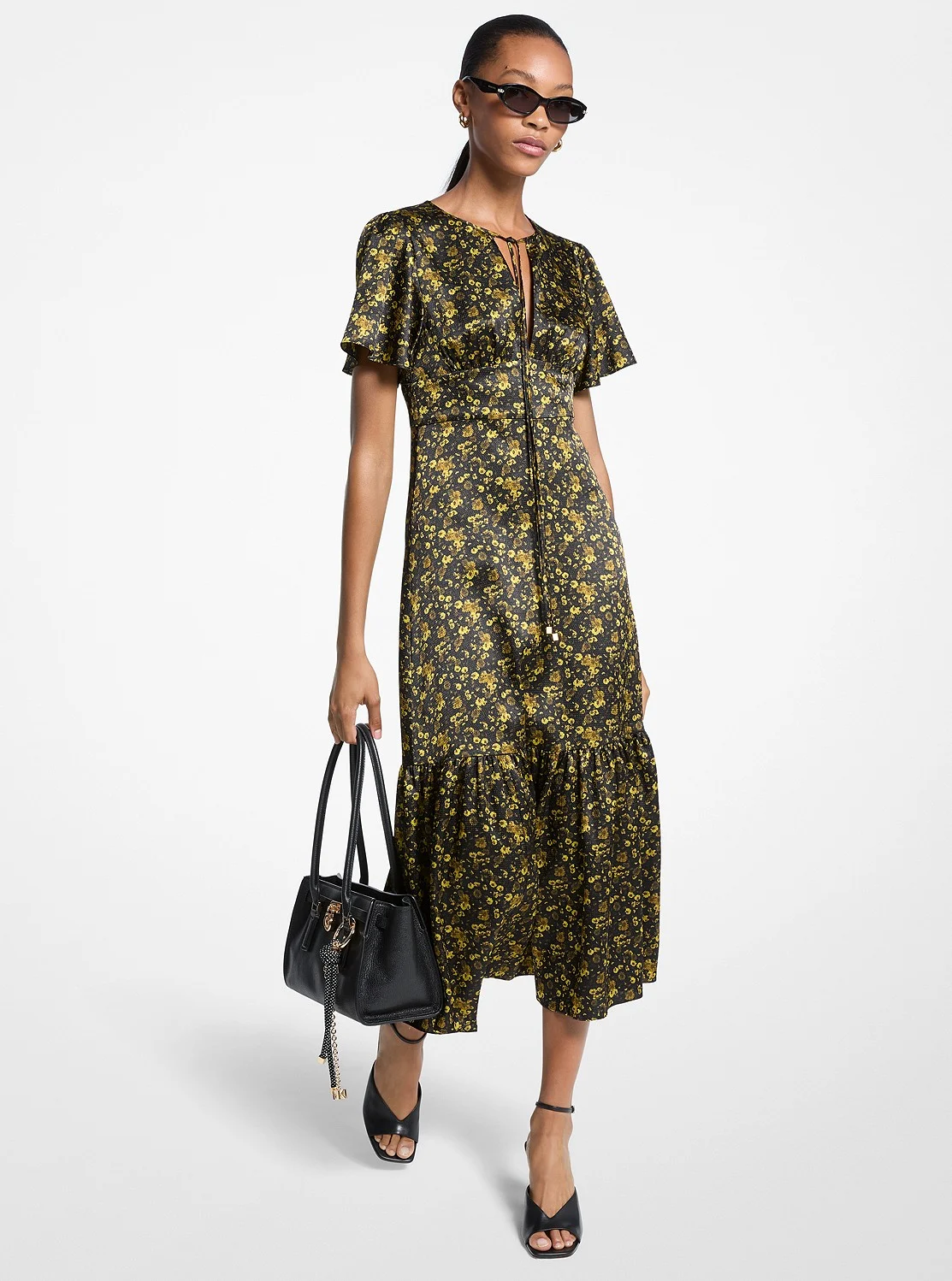Michael Kors フローラル ハンマード サテン ミディドレス