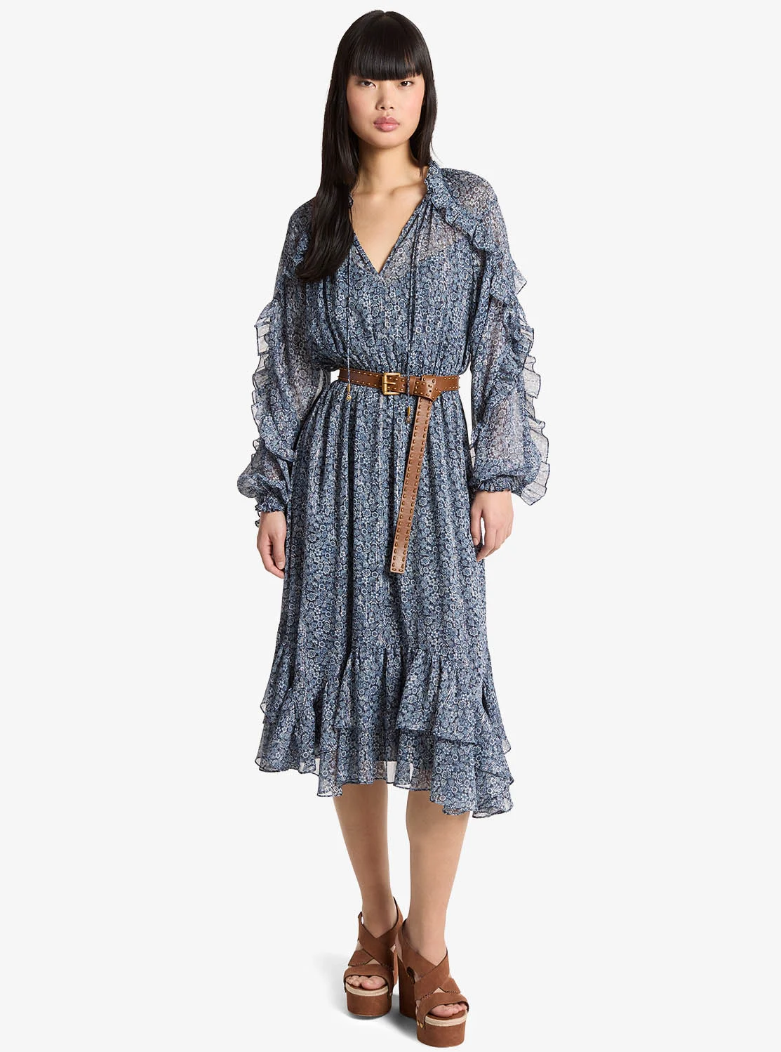 Michael Kors フローラル ラッフル ミディ ドレス