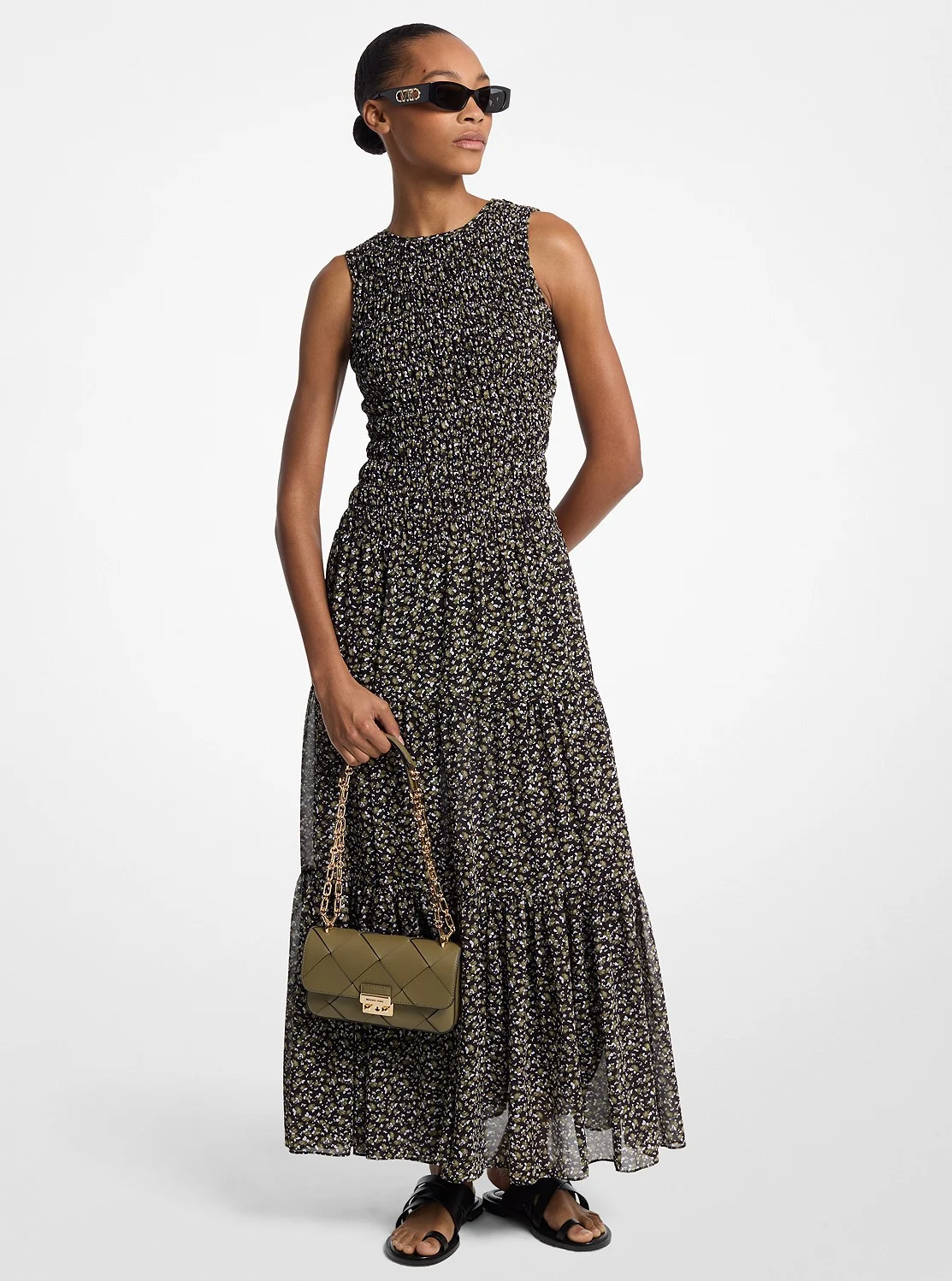 Michael Kors フローラルプリント スモック ジョーゼット マキシ ドレス