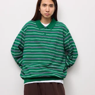 GU カノコオーバーサイズポロシャツ(長袖)(ボーダー)ST