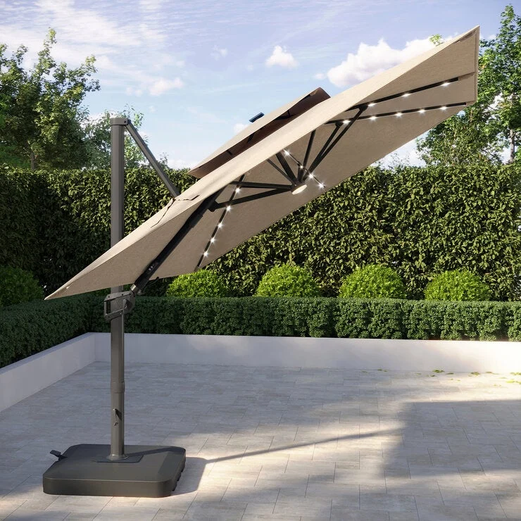 COSTCO Seasons Sentry 10ft LED 2-Tier Square Cantilever Umbrella with Rolling Base